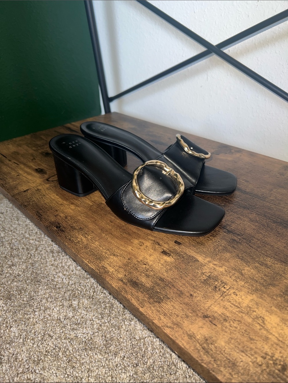 a new day Black Slide Mules with Gold Buckle